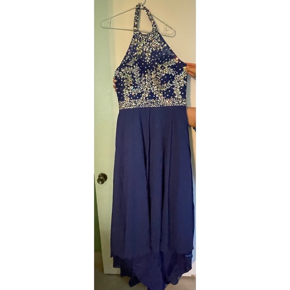 Navy Blue Rhinestone Long Halter Dress - Picture 1 of 6